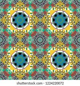 Abstract geometric seamless pattern painted in green, yellow and brown colors. For furniture, fabric, textile. Vector geometric ornament texture with linear stars, angular geometric figures.