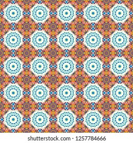 Abstract geometric seamless pattern painted in beige, white and blue colors. For furniture, fabric, textile. Vector geometric ornament texture with linear stars, angular geometric figures.