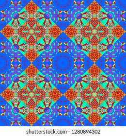 Abstract geometric seamless pattern painted in red, green and blue colors. Vector geometric ornament texture with linear stars, angular geometric figures. For furniture, fabric, textile.