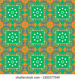 Abstract geometric seamless pattern painted in orange, green and blue colors. Vector geometric ornament texture with linear stars, angular geometric figures. For furniture, fabric, textile.