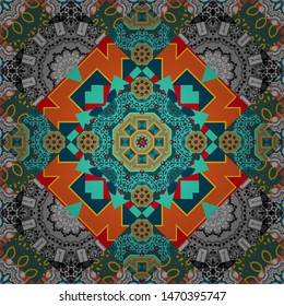 Abstract geometric seamless pattern painted in green, blue and gray colors. For furniture, fabric, textile. Vector geometric ornament texture with linear stars, angular geometric figures.