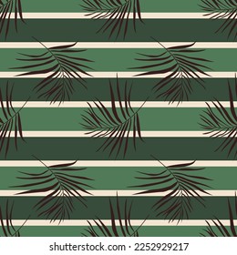Abstract geometric seamless pattern with palm leaves and green horizontal stripes. Boho floral print. Exotic jungle wallpaper, natural fashion background. Modern vector design