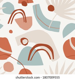 Abstract geometric seamless pattern. Pastel colored geometrical shapes, tropical palm leaf, lines, circles, doodles background. Vector contemporary illustration in minimal cubism style