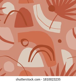 Resumen del patrón geométrico sin costuras. Formas geométricas de color pastel, hojas tropicales de palma, líneas, círculos, fondo de garabatos. Ilustración vectorial contemporánea con estilo cubista mínimo