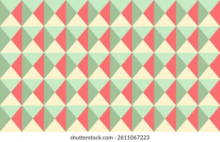 Abstract geometric seamless pattern.  Pastel coral, mint green  cream triangles create a vibrant, retro design ideal for website backgrounds, textile prints, or modern branding.