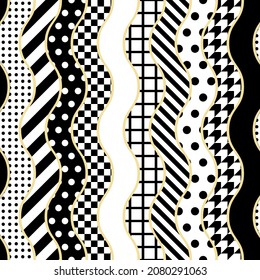 Abstract geometric seamless pattern. Patchwork background. Vertical wavy stripes filled with dots, squares, stripes and other shapes. Black and white and a bit of gold. For textile and paper design