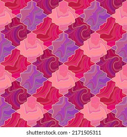 Abstract geometric seamless pattern. Pink, purple and red figured diamond tiles filled with liquid fluid wavy texture.  Dainty colorful design for textile and paper