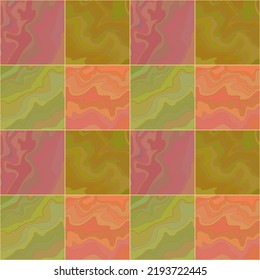 Abstract geometric seamless pattern. Pink, coral, lime green square tiles with marbled fluid wavy texture. Beautiful colorful mosaic