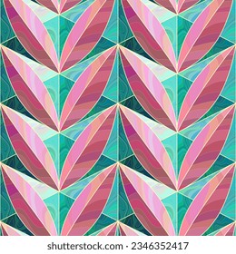 Abstract geometric seamless pattern in pink and green. Stained glass imitation