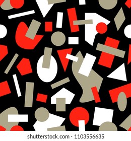Abstract geometric seamless pattern from plain geometric forms. Red, white and gray figures on black background