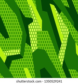 Abstract geometric seamless pattern with polygonal shapes and hexagonal grid. Modern camo texture ornament for racing vinyl print. Vector background.