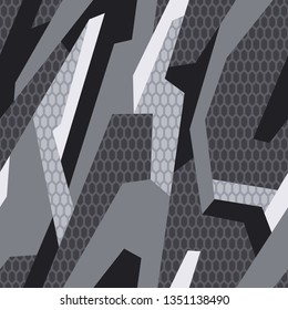 Abstract geometric seamless pattern with polygonal shapes and hexagonal grid. Modern camo texture ornament for racing vinyl print. Vector background.