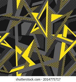 Abstract geometric seamless pattern with polygonal shapes and stars. Modern digital camo texture ornament for racing vinyl print. Vector background.