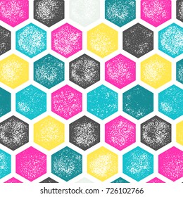 Abstract geometric seamless pattern. Printed / block print background. Grunge retro hexagon wallpaper.