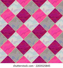 Abstraktes geometrisches nahtloses Muster. Lila, rosa und grauer Diamant, rhombus Fliesen mit flüssiger, gewellter Textur. Mosaikschmuck