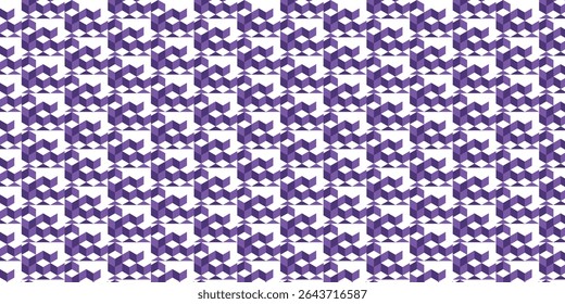 Abstract geometric seamless pattern with purple and white triangular shapes.  Ideal for textile prints, backgrounds, and modern design projects.  Clean and visually appealing.