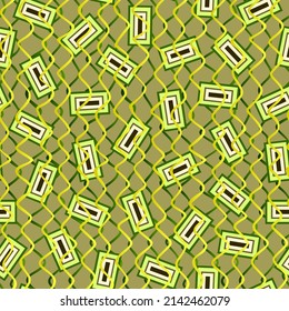 Abstract geometric seamless pattern. Random scattered concentrated rectangles overlay on wavy lines grid texture. Sophisticated surface pattern design. Stylish flat illustration. Trendy background.