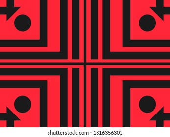 Abstract geometric seamless pattern in red. Simple lines in black. Vector illustration