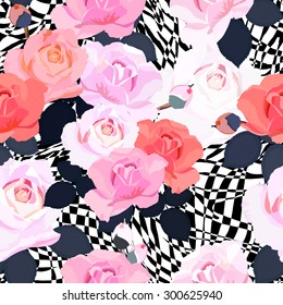 Abstract Geometric seamless pattern with red roses. Vector illustration.