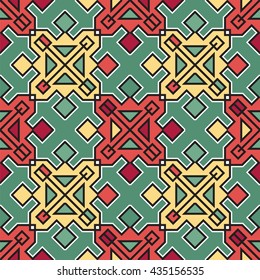 abstract geometric seamless pattern, red blue yellow colors seamless wallpaper vector background illustration