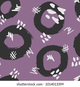 Abstract geometric seamless pattern. Repeated circles and scribbles drawn by hand. Grunge, sketch, graffiti, doodle. Endless vector illustration.