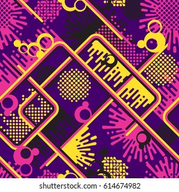 Abstract geometric seamless pattern in retro disco style with lines, rounds, splashes, dots. 4 bright colors, dark background. For youth apparel, textile, cover, poster designs. Vector illustration.
