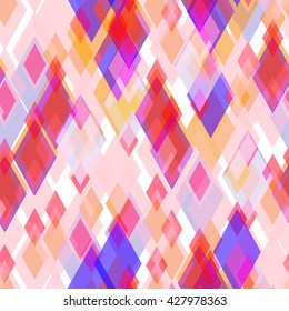 Abstract geometric seamless pattern with rhombus and brilliant decorative geometric and abstract contemporary elements. lilac pink orange red geometric print, ethnic hipster trendy backdrop. Vector