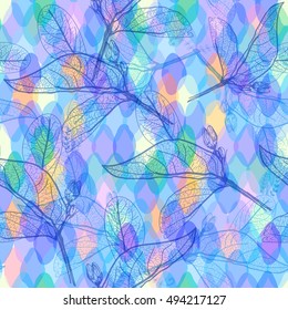 Abstract geometric seamless pattern with rhombus Leaves contours and squama decorative contemporary elements. purple blue aqua lilac geometric print, ethnic hipster trendy backdrop. Vector 