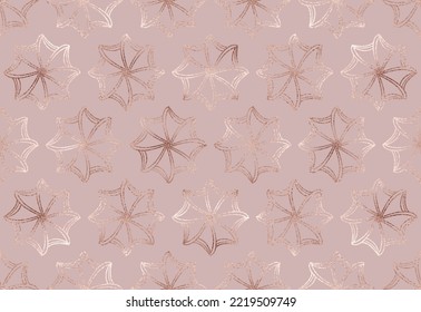 Abstract geometric seamless pattern with rose gold stylised flowers.