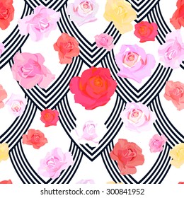 Abstract Geometric seamless pattern with roses. Vector illustration.