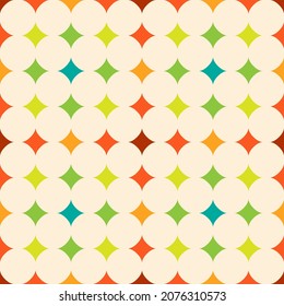 Abstract geometric seamless pattern. Rows of colorful diamonds, orange, turquoise, yellow, green, red on beige background. Retro midcentury design for textile and paper