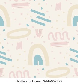 Abstract geometric seamless pattern. Scribble childish elements endless background. Doodle style repeat cover. simple loop ornament. Vector flat hand drawn illustration.