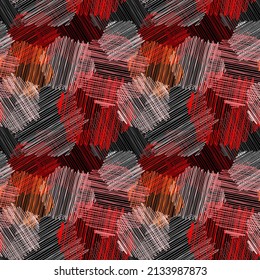 Abstract geometric seamless pattern. Scribbled hexagonal shapes of pink, red and white on black background. Patchwork textile design