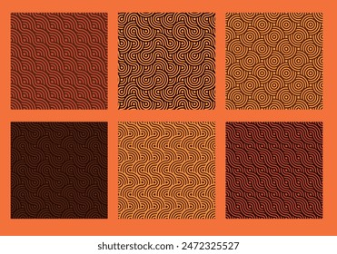 Abstract geometric seamless pattern set. Minimalistic vector background with curved lines and circles. Retro shapes wallpaper