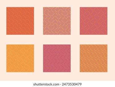 Abstract geometric seamless pattern set. Minimalistic vector background with curved lines and circles. Retro shapes wallpaper