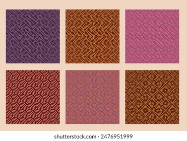 Abstract geometric seamless pattern set. Minimalistic vector background with curved lines and circles. Retro shapes wallpaper