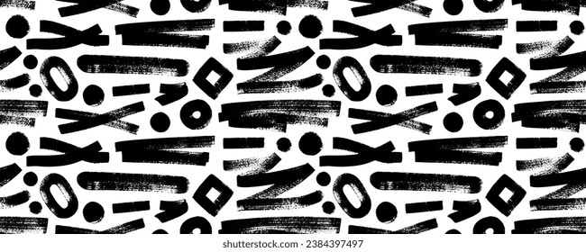 Abstract geometric seamless pattern with geometric abstract shapes. Brutalism inspired vector graphics collage. Textured shapes, bold zigzag lines, circles and ellipses. Chaotic ink brush scribbles.