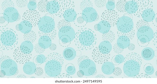 Abstract geometric seamless pattern. Shapes, strokes, spots, circles. Balls of thread. Hobbies, handicrafts. Simple vector texture. Repeating background for wallpaper, packaging, textiles.