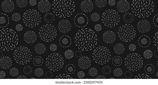 Abstract geometric seamless pattern. Shapes, strokes, spots, circles. Balls of thread. Hobbies, handicrafts. Simple vector texture. Repeating background for wallpaper, packaging, textiles.