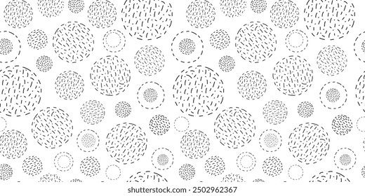 Abstract geometric seamless pattern. Shapes, strokes, spots, circles. Balls of thread. Hobbies, handicrafts. Simple vector texture. Repeating background for wallpaper, packaging, textiles.