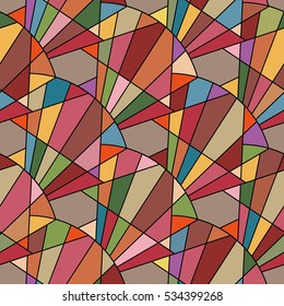 Abstract geometric seamless pattern. Geometric shapes of different colors. Triangles, rays, arcs