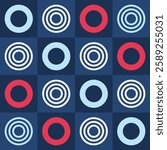 Abstract geometric seamless pattern. Simple red, white and blue color circles. Geometric shapes pattern. Square tiles with color circles. Flat style. Color vector seamless background.