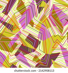 Abstract geometric seamless pattern of simple mosaic multi-colored blocks overlay on broken lines. Polygon background. Flat sophisticated design. Digital urban conceptual illustration. Maze swatch.