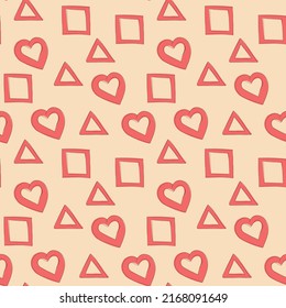 Abstract geometric seamless pattern with simple vector shapes and basic forms. heart, square, triangle in red color