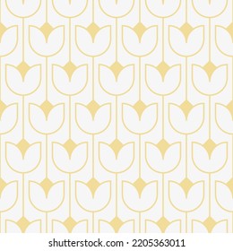 Abstract geometric seamless pattern, simple line gold tulip shape on white background design for geometric wallpaper, art deco tile, monochrome pattern, web banner element