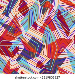 Abstract geometric seamless pattern of simple mosaic multi-colored blocks overlay on broken lines. Polygon background. Flat sophisticated design. Digital urban conceptual illustration. Maze swatch.