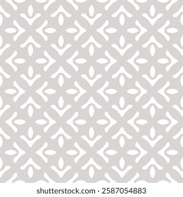 Abstract geometric seamless pattern. Simple vector floral ornament with ethnic folk motif. Subtle gray and white background texture with flower silhouettes, leaves, tiles. Repeated mosaic geo design