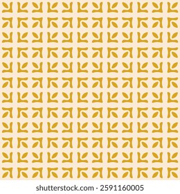 Abstract geometric seamless pattern. Simple vector floral ornament with ethnic folk motif. Yellow and beige background texture with flower silhouettes, curved shapes, tiles. Repeated decorative design