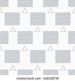 Abstract Geometric Seamless Pattern. Simple Modern Design. Gold triangles and blue squares on a white background.