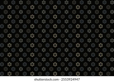 Abstract geometric seamless pattern with six petal Thai style flowers in gold brown n blue on black background. Vector illustration. For masculine shirt lady dress textile cloth print wallpaper cover